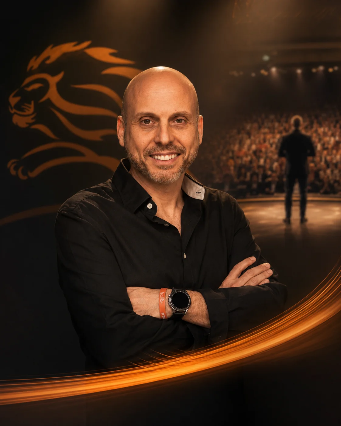 אריה קגן, שלוב ידיים, על רקע ציור אריה כתום ובמה עם קהל
